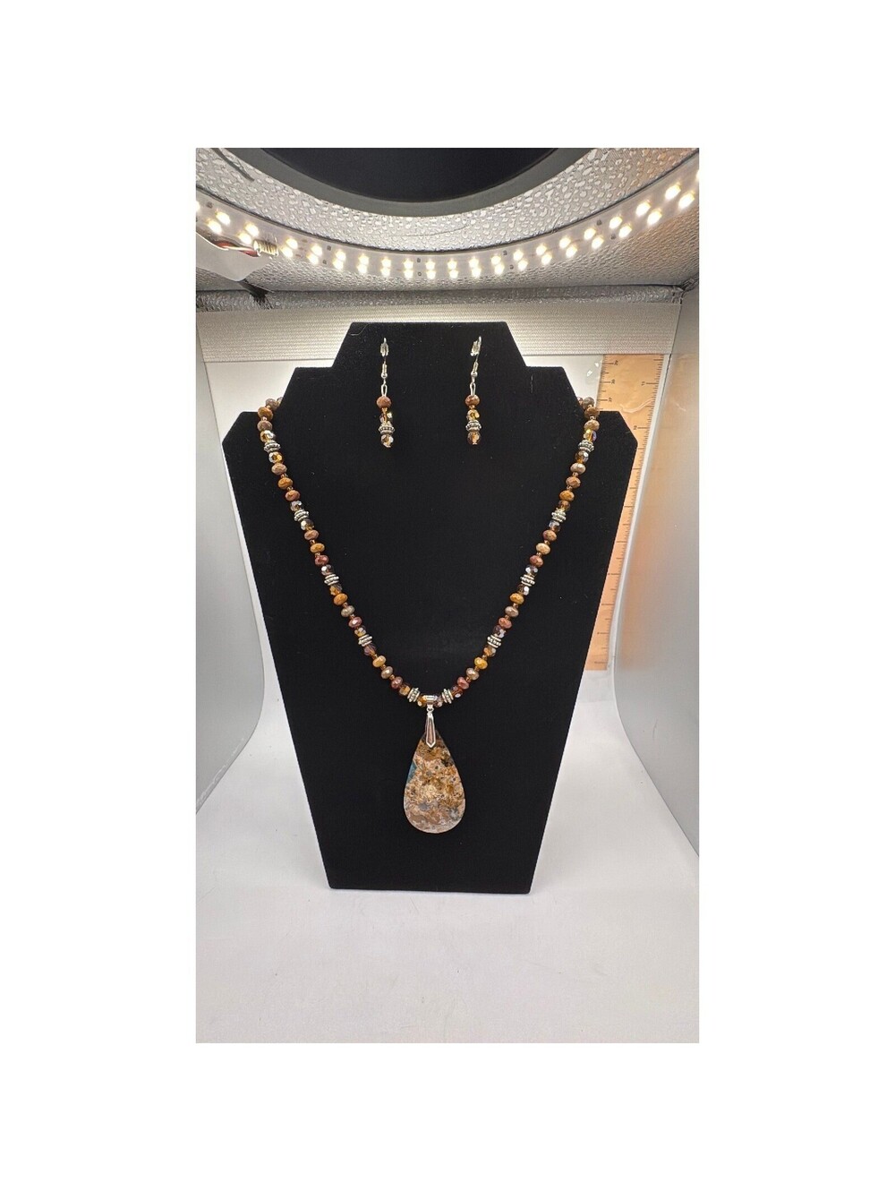 Jasper Teardrop Pendant Beaded Necklace and Earrings Jewelry Set Brown Silver